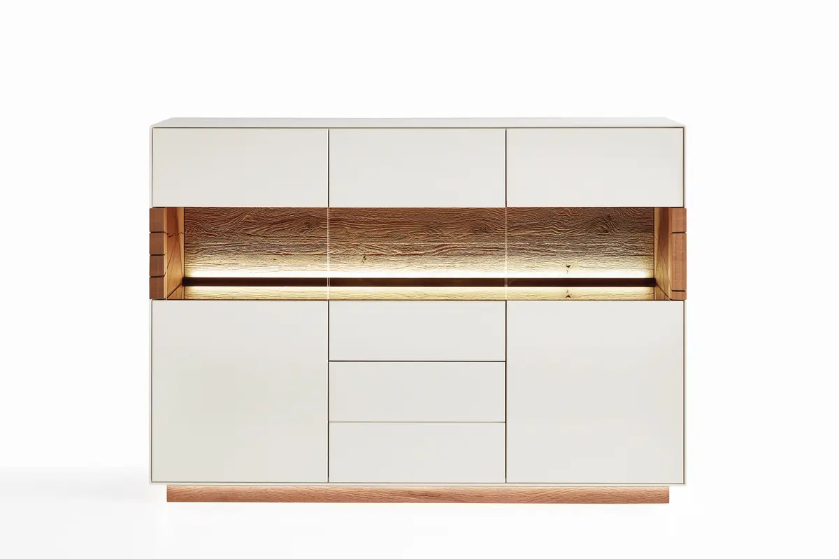 Highboard - mit Beleuchtung, Kerneiche Umato massiv, Birke Weiß lackiert