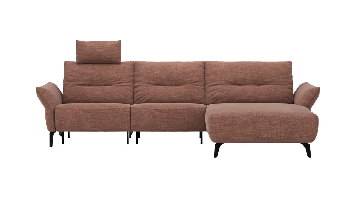 Ecksofa Bahia - 2,5-Sitzer mit Longchair rechts inkl. Kopfteil/ Armlehne verstellbar und Relaxfunktion/ Longchair (motorisch), Stoff, Kupfer