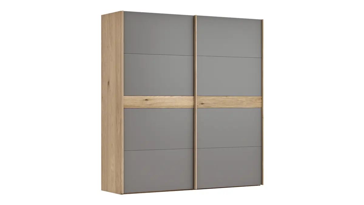 Schwebetürenschrank Viana - B ca. 212 cm, Lack, Steingrau, Riffholz, Balkeneiche