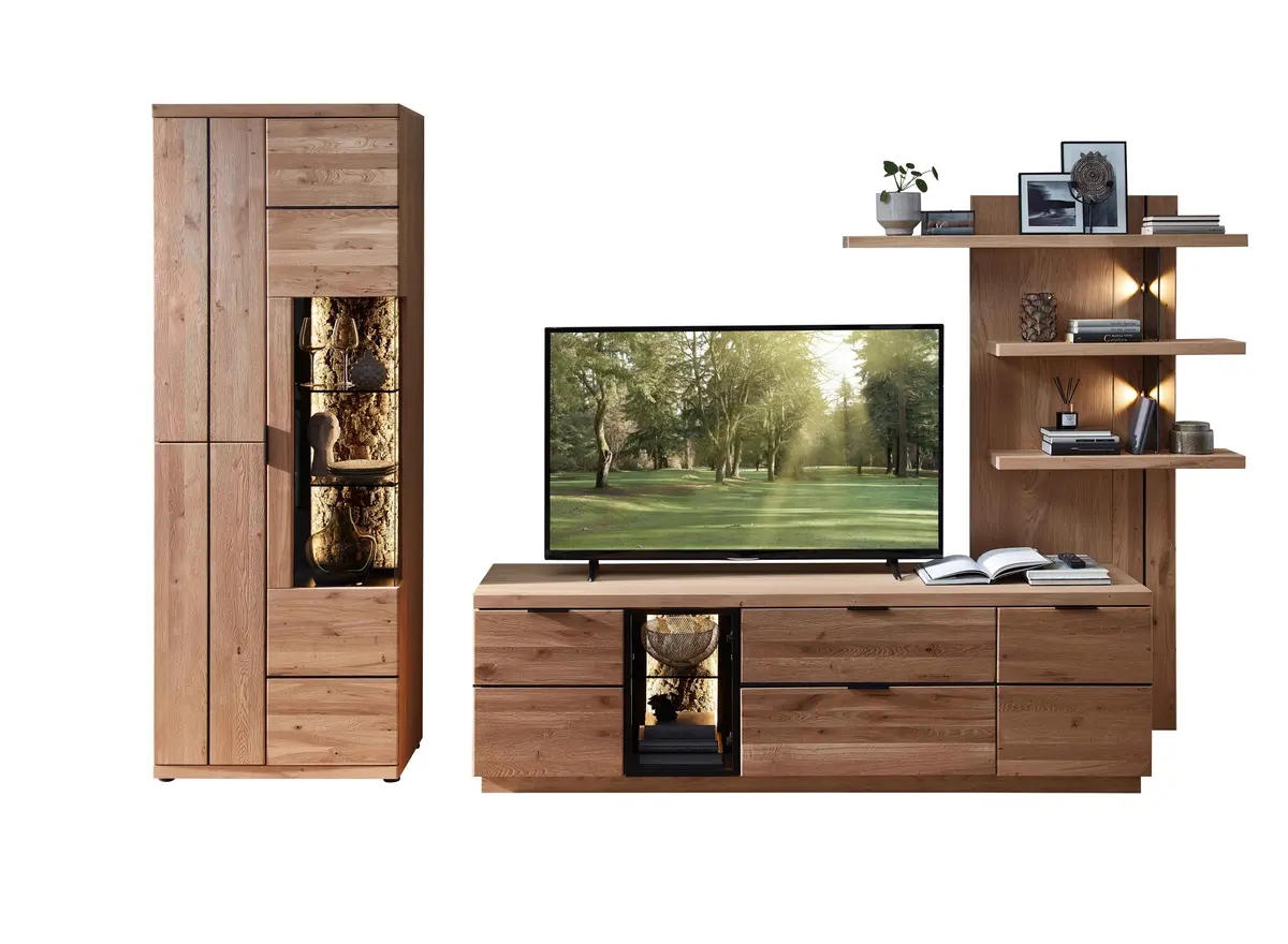 Wohnwand - mit Beleuchtung, Wildeiche teilmassiv