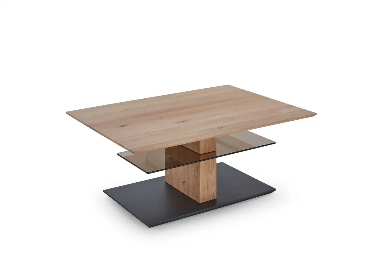 Couchtisch - höhenverstellbar LBH110x80x47(62) cm, Kerneiche Umato massiv, Glas, Bronze