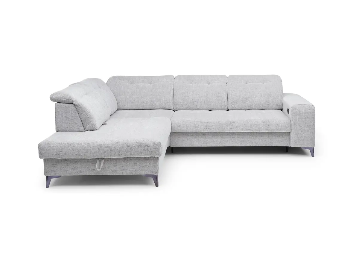 Ecksofa - Ecke links mit 2-Sitzer, Kopfteil verstellbar, Sitztiefe verstellbar motorisch, Stoff, Hellgrau