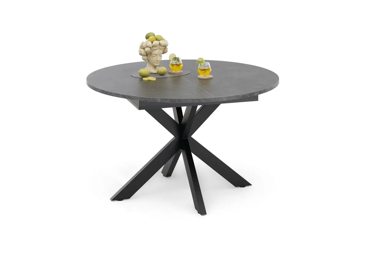 Esstisch - ausziehbar, Ø/H ca. 130x75 cm, Keramikoptik grau, Schwarz