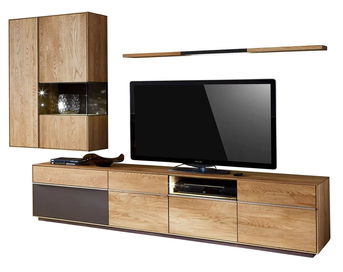 Wohnwand - mit Beleuchtung, Asteiche massiv