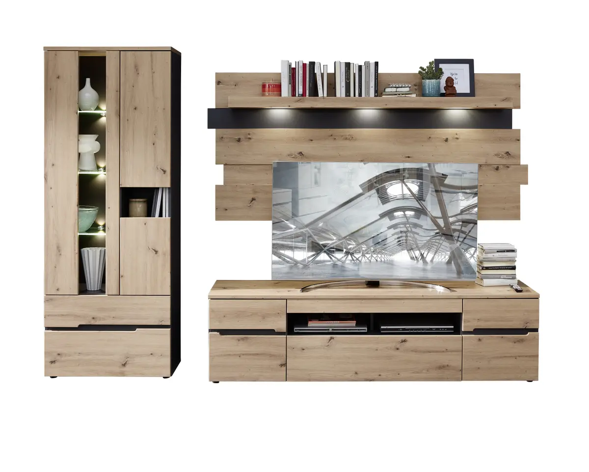 Wohnwand - mit Beleuchtung, Artisan Eiche Nachbildung, Graphit