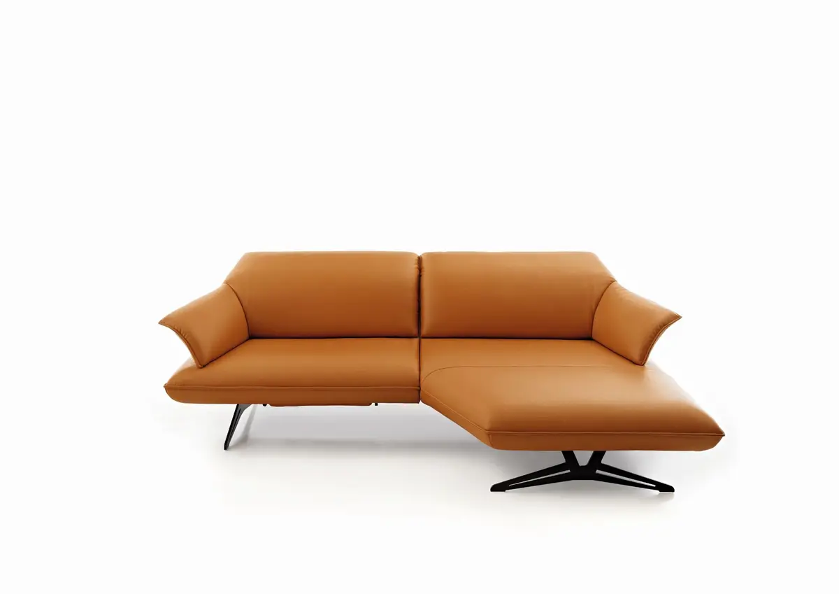 Ecksofa - 1-Sitzer mit Longchair rechts, Kopfteil/Sitztiefe verstellbar, Leder, Gold