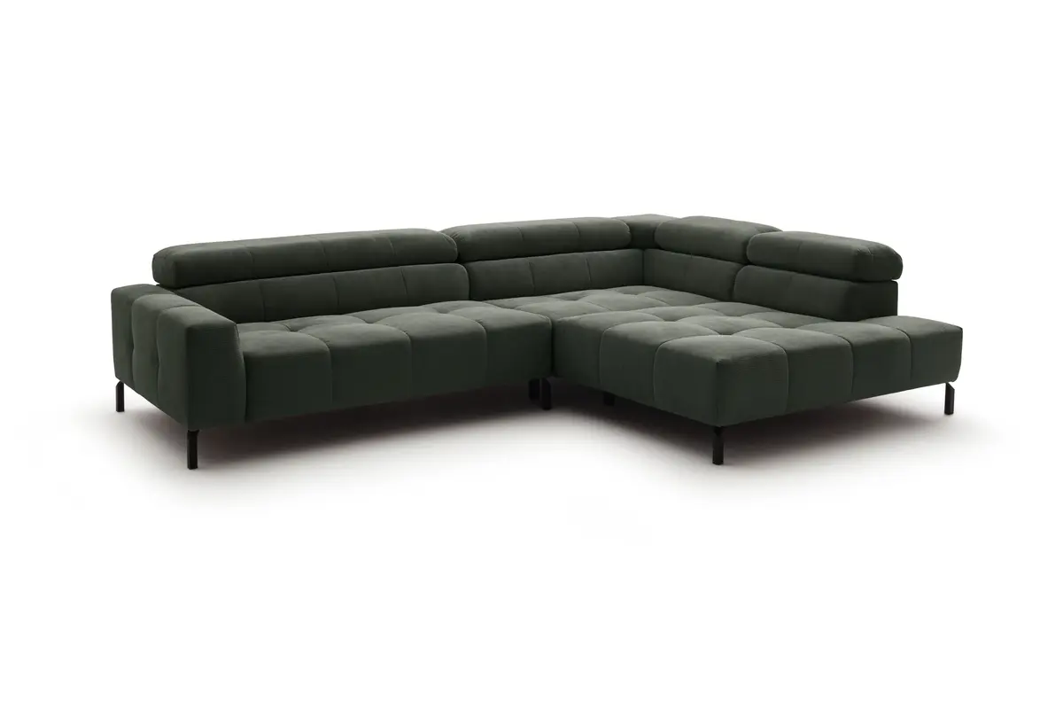 Ecksofa - 2-Sitzer mit Ecke rechts, Kopfteil verstellbar, Feincord, Olive