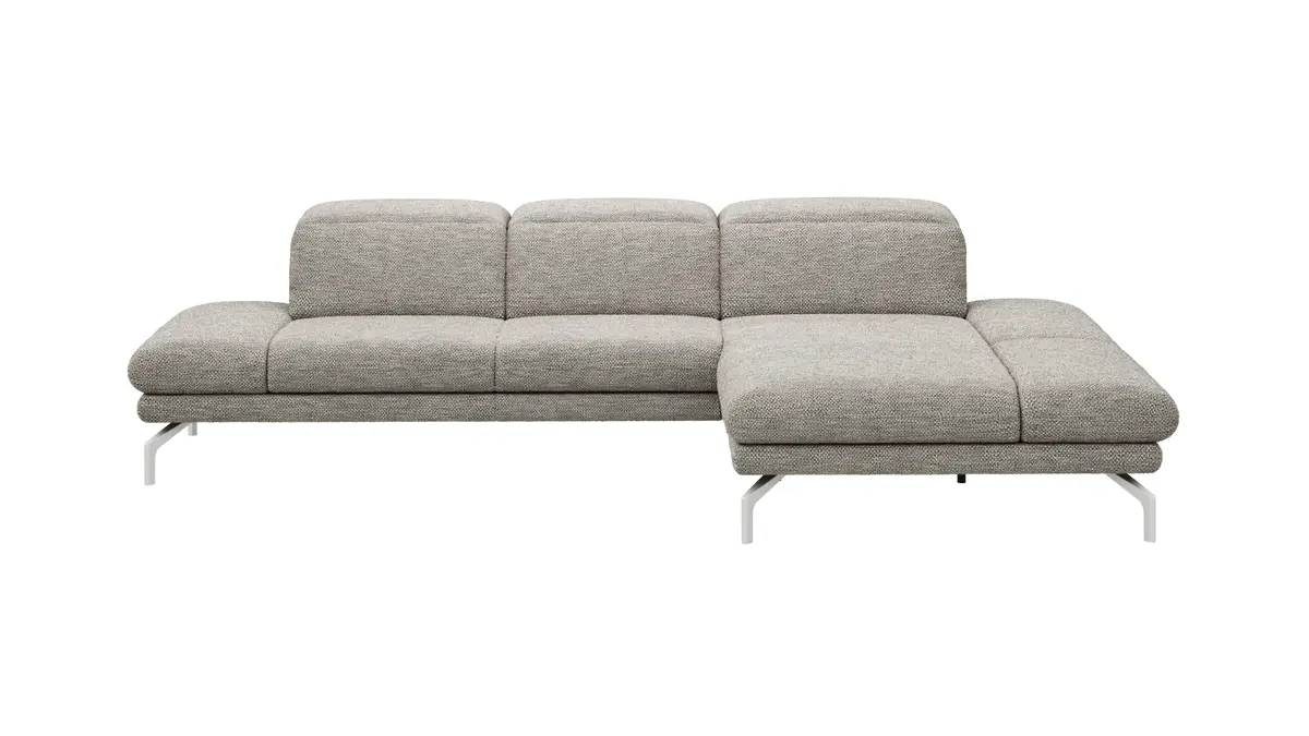 Ecksofa Elena - 2-Sitzer mit Longchair rechts, Kopfteil/Armlehne verstellbar, Stoff, Silbergrau