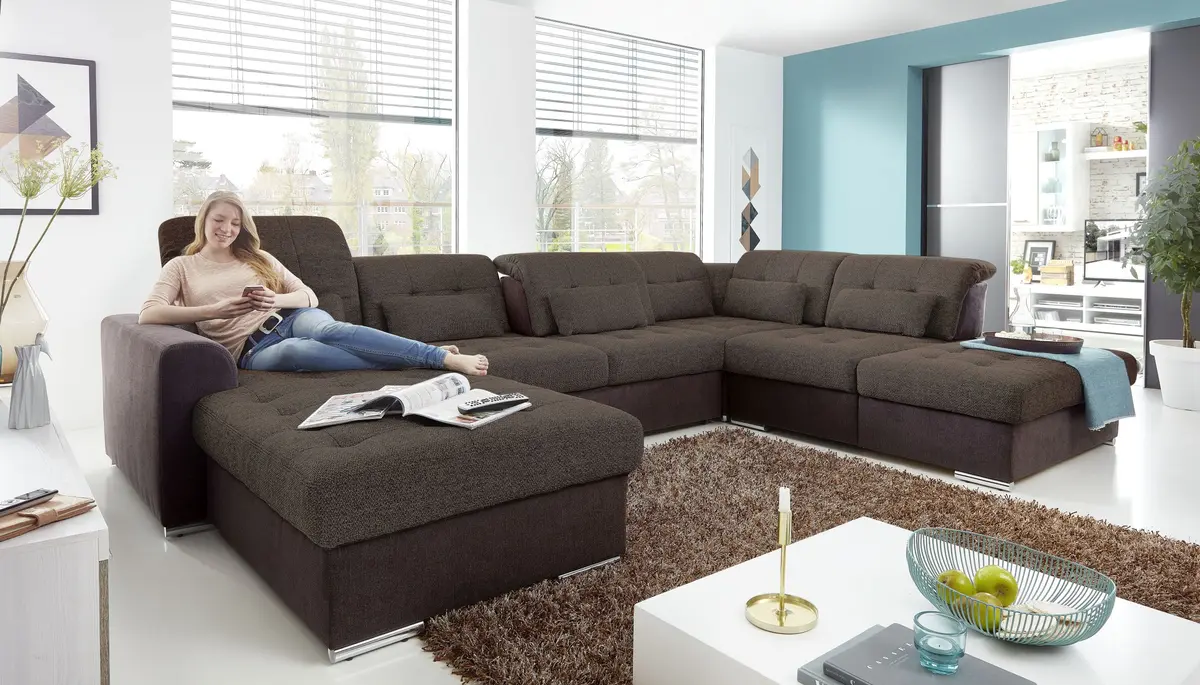 Wohnlandschaft - Longhchair links, 3-Sitzer, Ecke rechts inkl. Armteilverstellung, Kopfteilverstellung in Kunstleder dunkelbraun