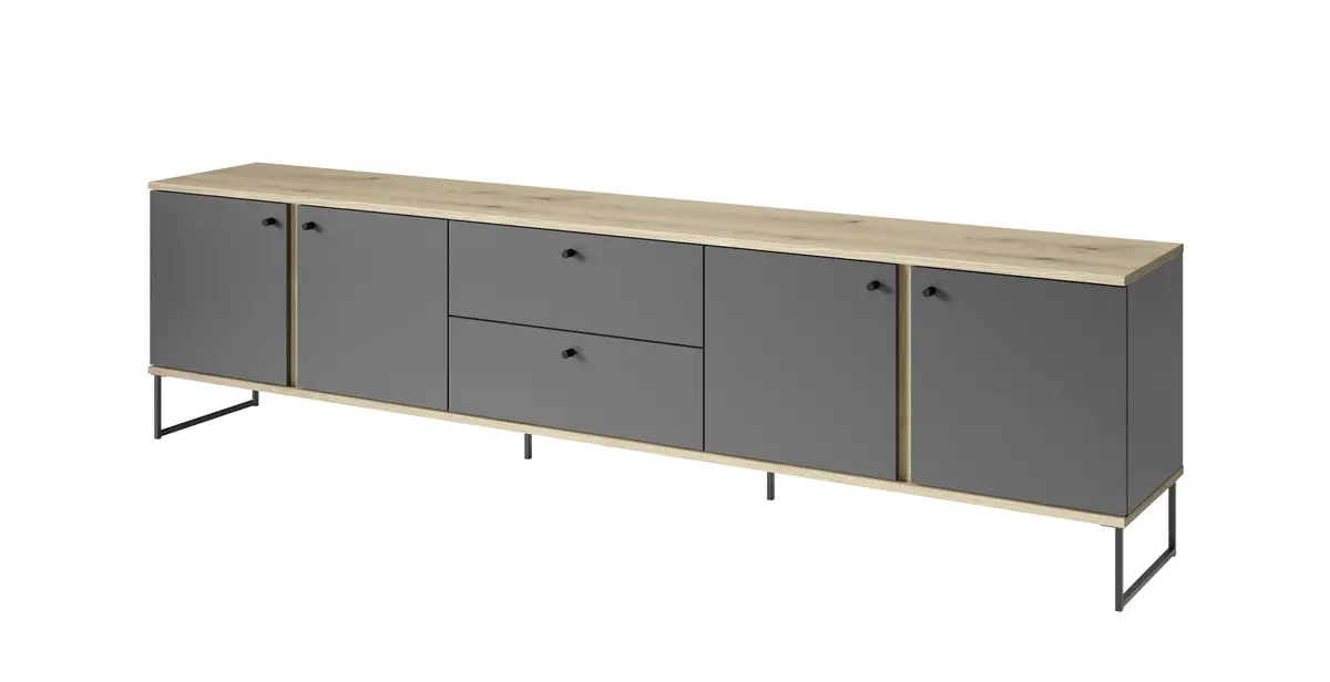 Lowboard - B ca. 225 cm, Anthrazit, Evoke Eiche Nachbildung