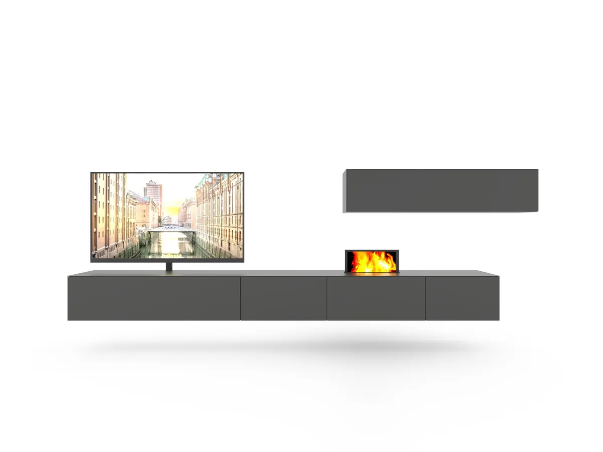 Wohnwand 3900 - inklusive Kamin und TV-Halterung, Lack, Schiefergrau