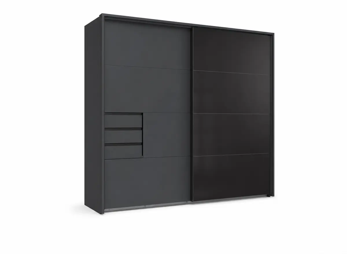 Schwebetürenschrank- B ca. 225 cm, Graphit, Glas, Schwarz