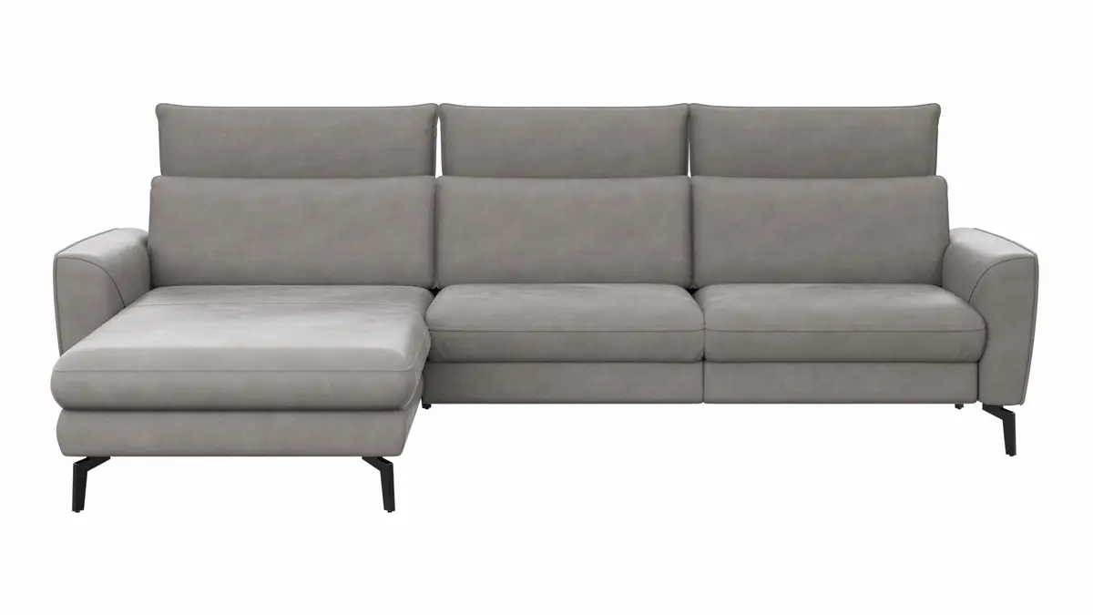 Ecksofa Avela - Longchair mit 2,5-Sitzer rechts inkl. Kopfteile verstellbar, Leder, Steingrau