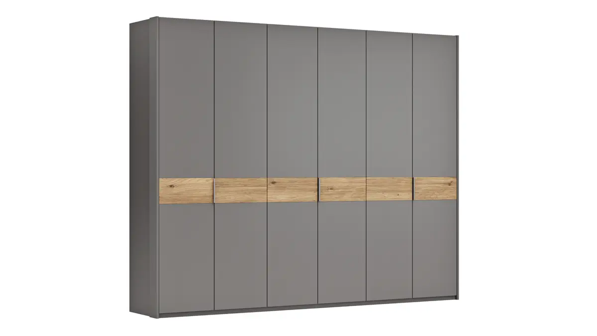 Drehtürenschrank Viana - B ca. 303 cm, Lack, Steingrau, Riffholz, Wildeiche