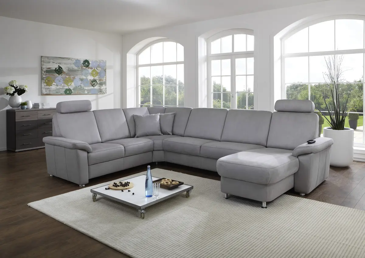 Wohnlandschaft - Ecke links, 2,5-Sitzer, Longchair rechts in Stoff Hellgrau