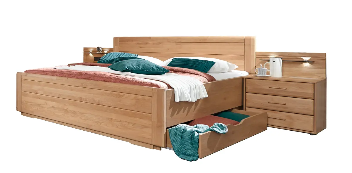 Doppelbett - mit Nachtschränken, teilmassiv 