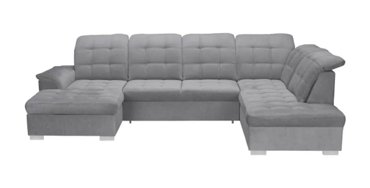 Wohnlandschaft - Longchair links, 1,5-Sitzer, Ecke rechts inkl. Schlaffunktion und Bettkasten, verstellbare Kopfstützen, Stoff, Grau