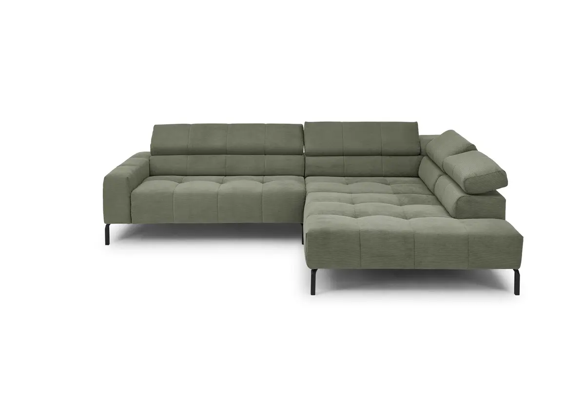 Ecksofa COLLEEN 2.0 - 2-Sitzer mit Ecke rechts, Kopfteil verstellbar, Feincord, Olive