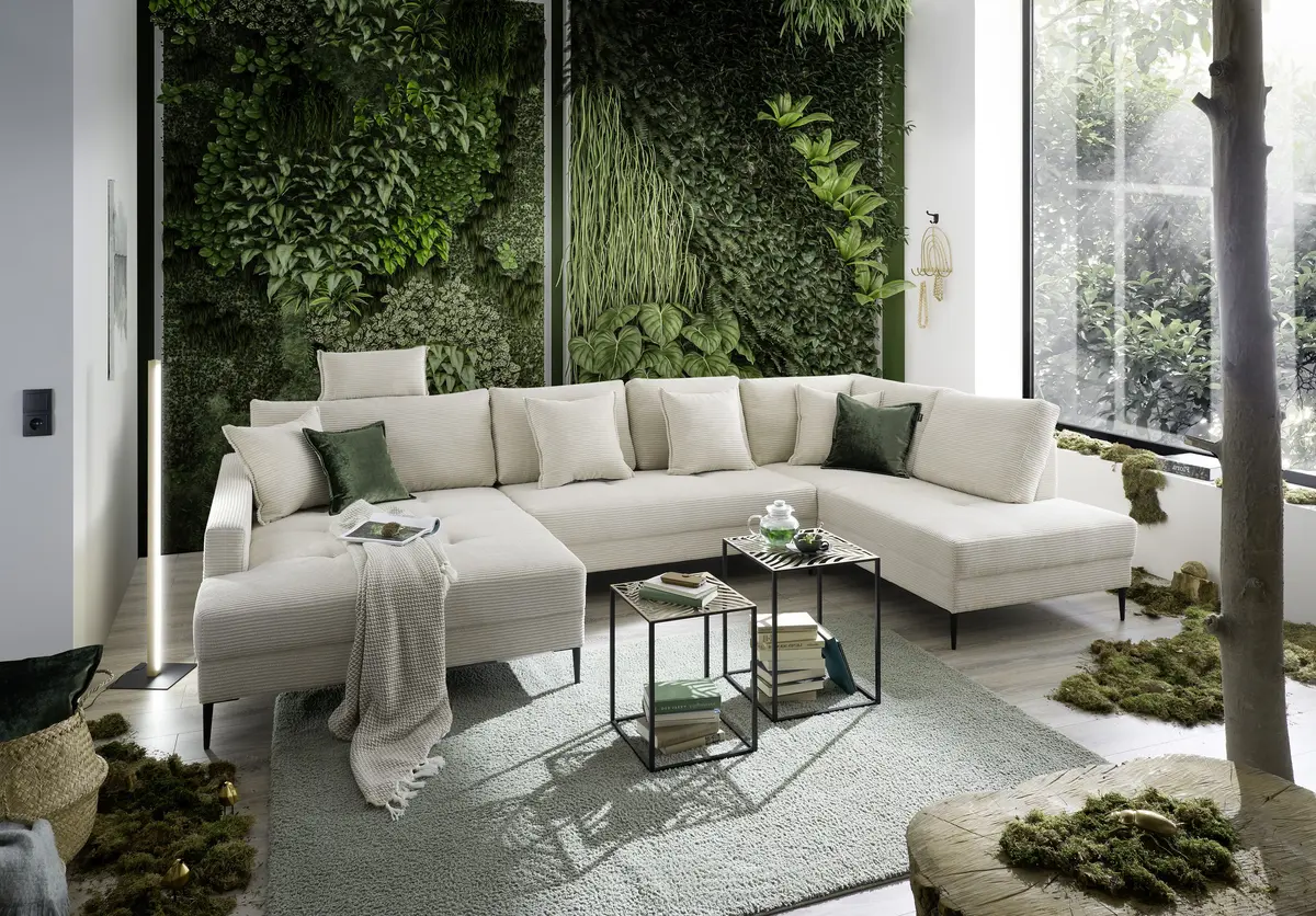 Wohnlandschaft - Longchair links, 2-Sitzer, Ecke rechts, Stoff, Hellgrau