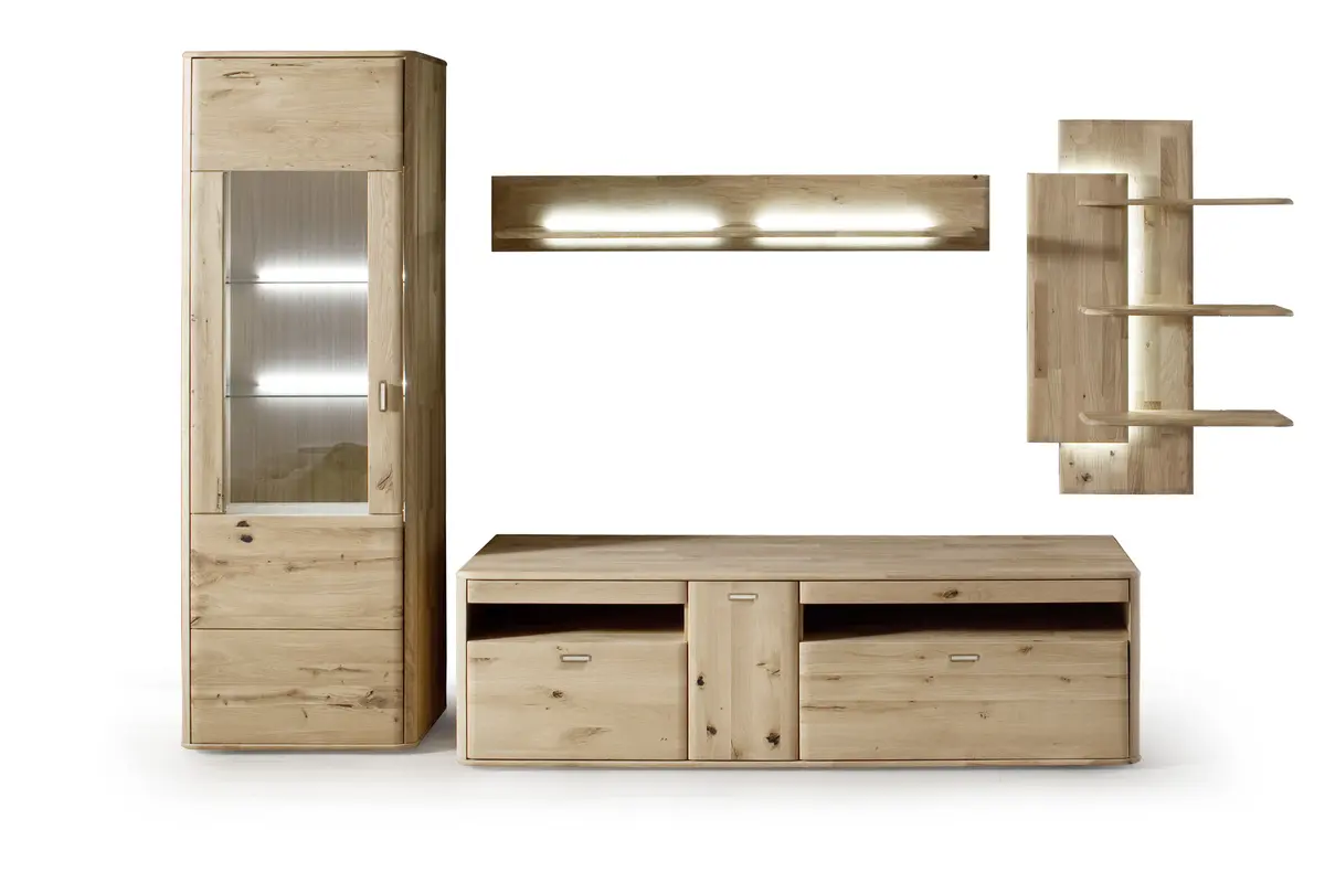 Wohnwand - mit Beleuchtung, Eiche massiv