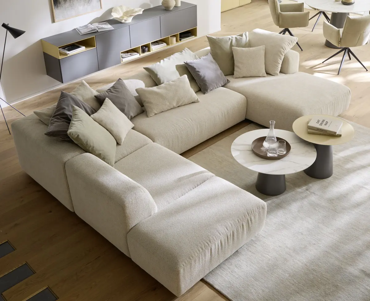 Ecksofa Caruso - Ecke links, 2-Sitzer, Longchair rechts, inklusive Kissen, Stoff, Ecru