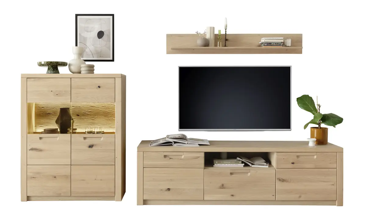 Wohnwand - mit Beleuchtung und Fernbedienung, Eiche Nachbildung, Eiche massiv geölt