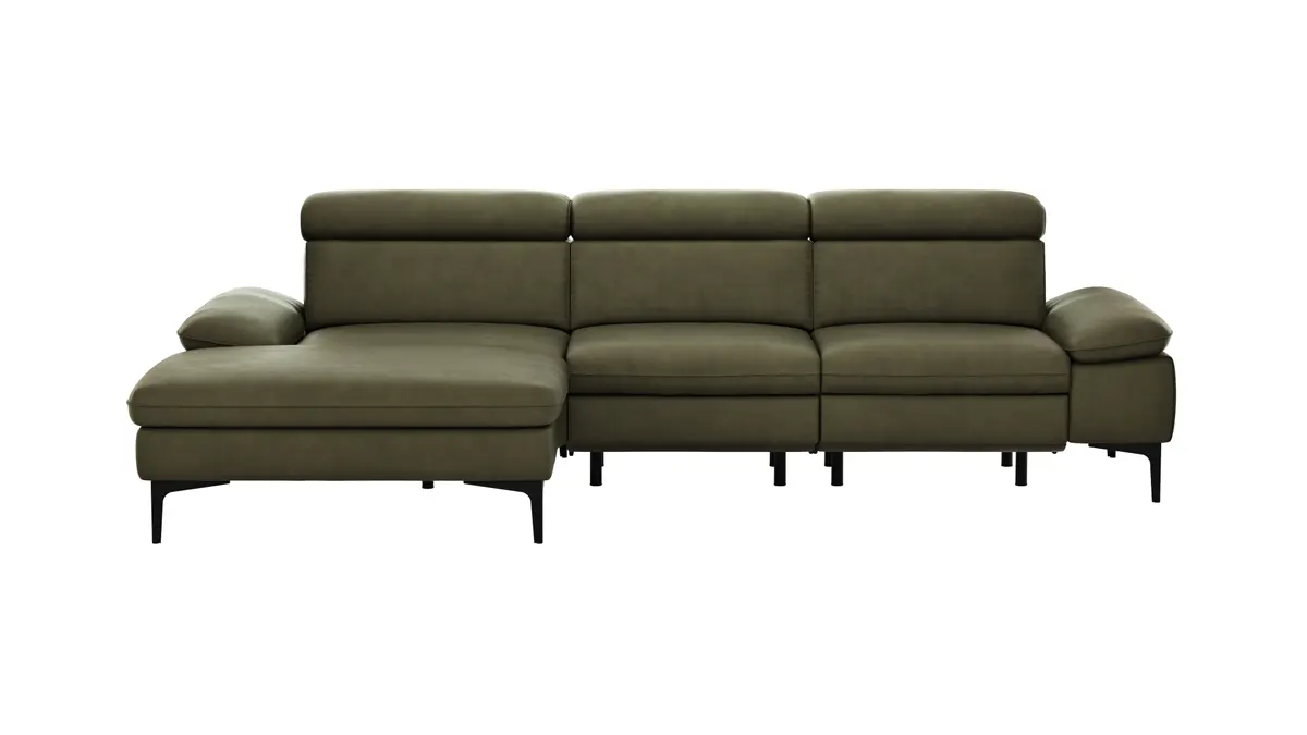 Ecksofa Felipa - Longchair links mit 2,5-Sitzer inkl. Armlehne verstellbar und Rückenlehne/Sitztiefe verstellbar (motorisch), Leder, Olive