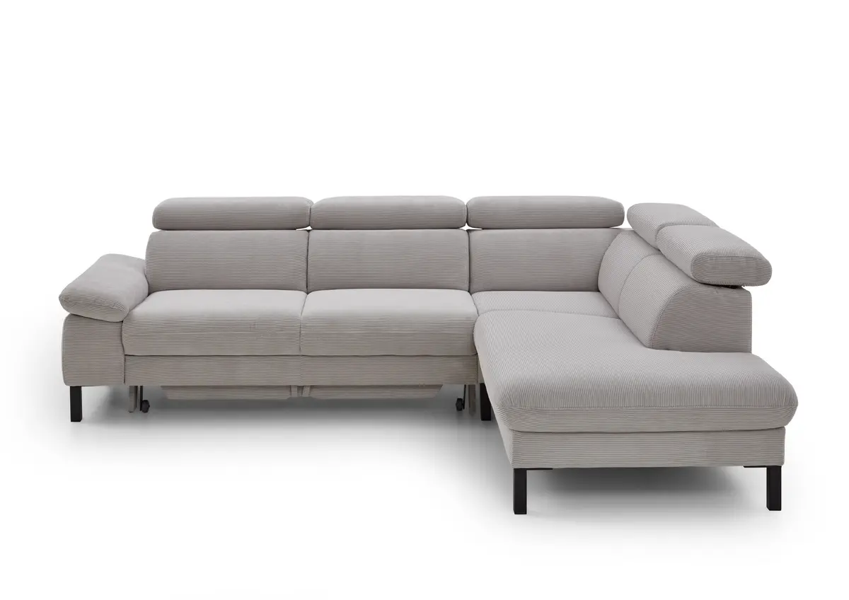 Ecksofa EM Labin - 2,5-Sitzer mit Ecke rechts, Kopfteile verstellbar, Stoff, grau