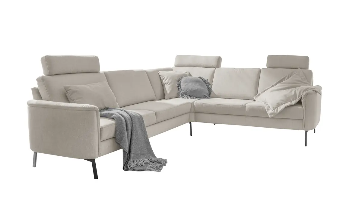 Ecksofa EM Blato - mit Kopfstützen, 2,5-Sitzer, Ecke, 3-Sitzer, Stoff, Beige