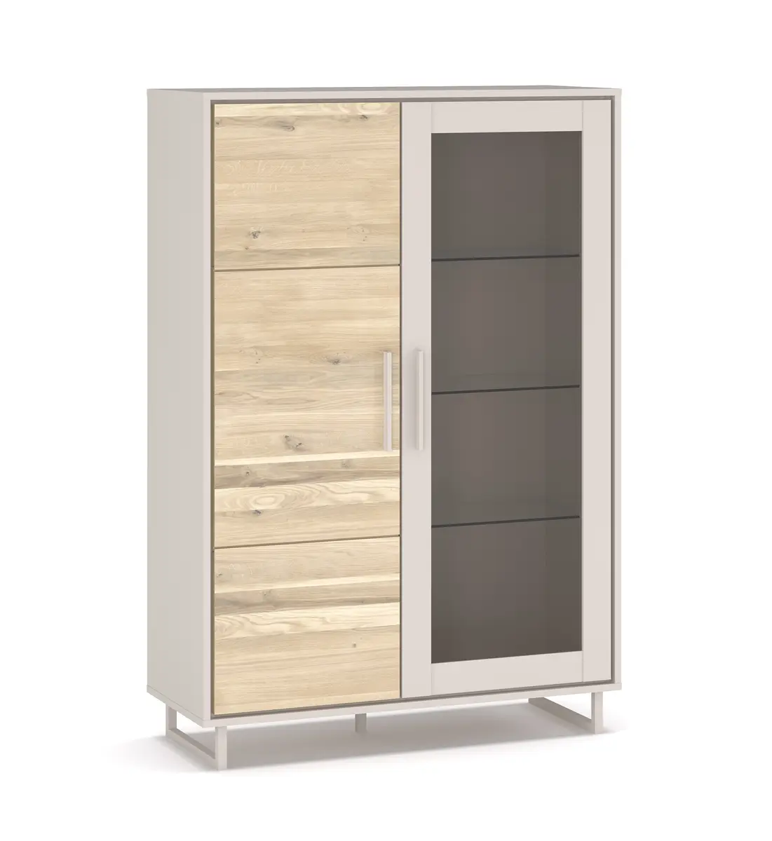 Vitrine - B ca. 102 cm, Kreidefarben, Eiche bianco massiv geölt