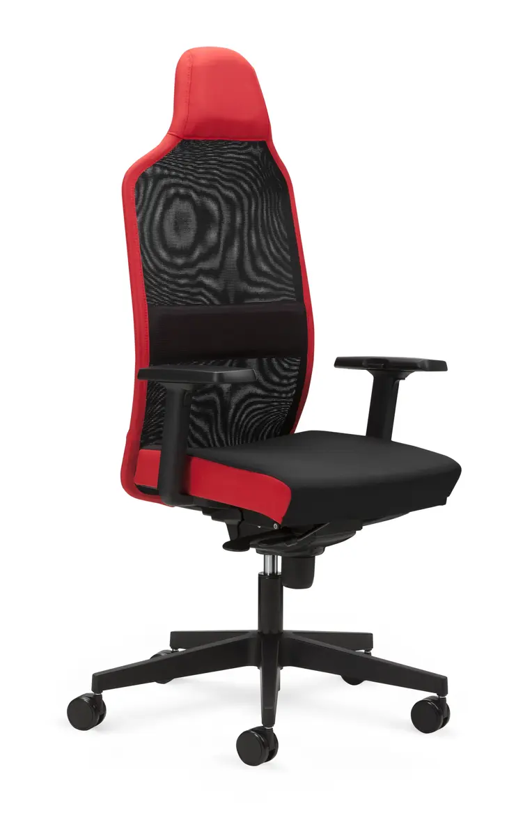Bürodrehstuhl - mit Armlehnen und Kopfstütze, Synchronmechanik, Stoff, Schwarz, Rot