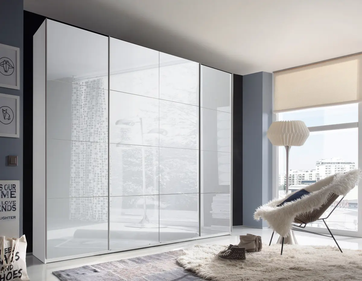 Schwebetürenschrank - B. ca. 270 cm, Melamin, Weißglas