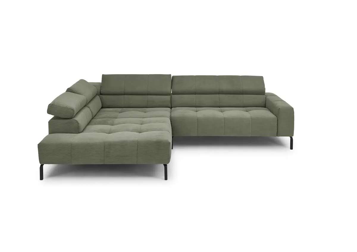 Ecksofa COLLEEN 2.0 - Ecke links mit 2-Sitzer, Kopfteil verstellbar, Feincord, Olive