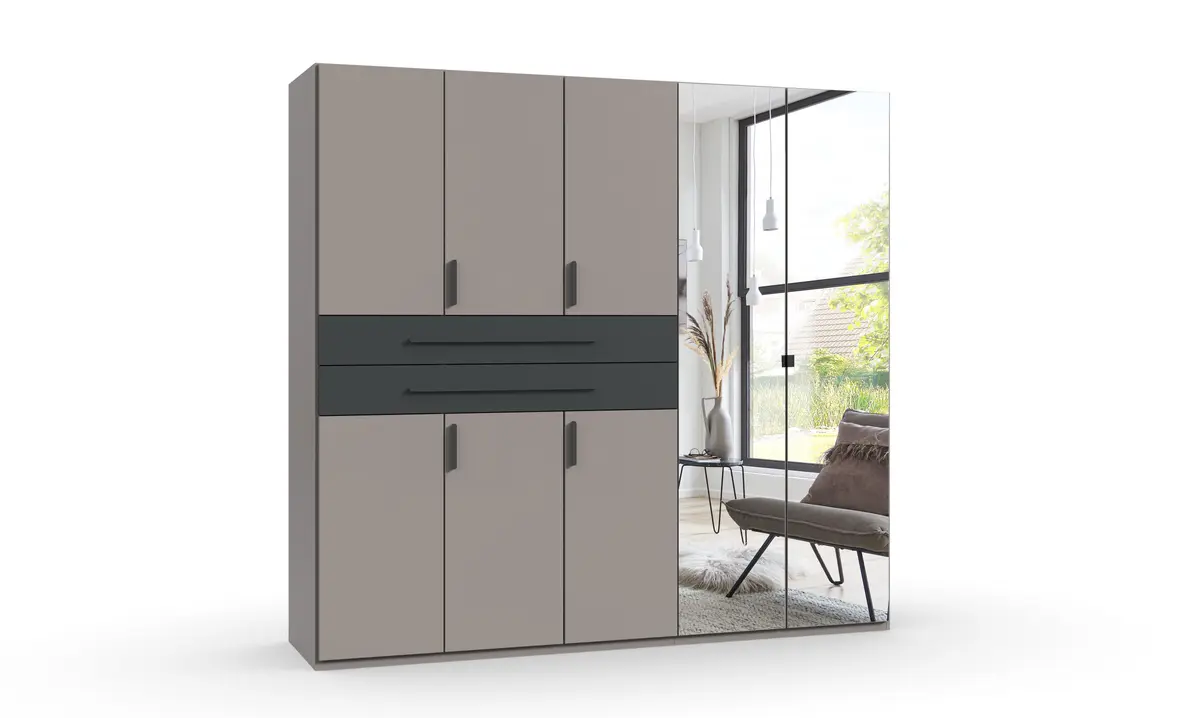 Drehtürenschrank- B ca. 225 cm, Saharagrau, Grafit, Spiegel