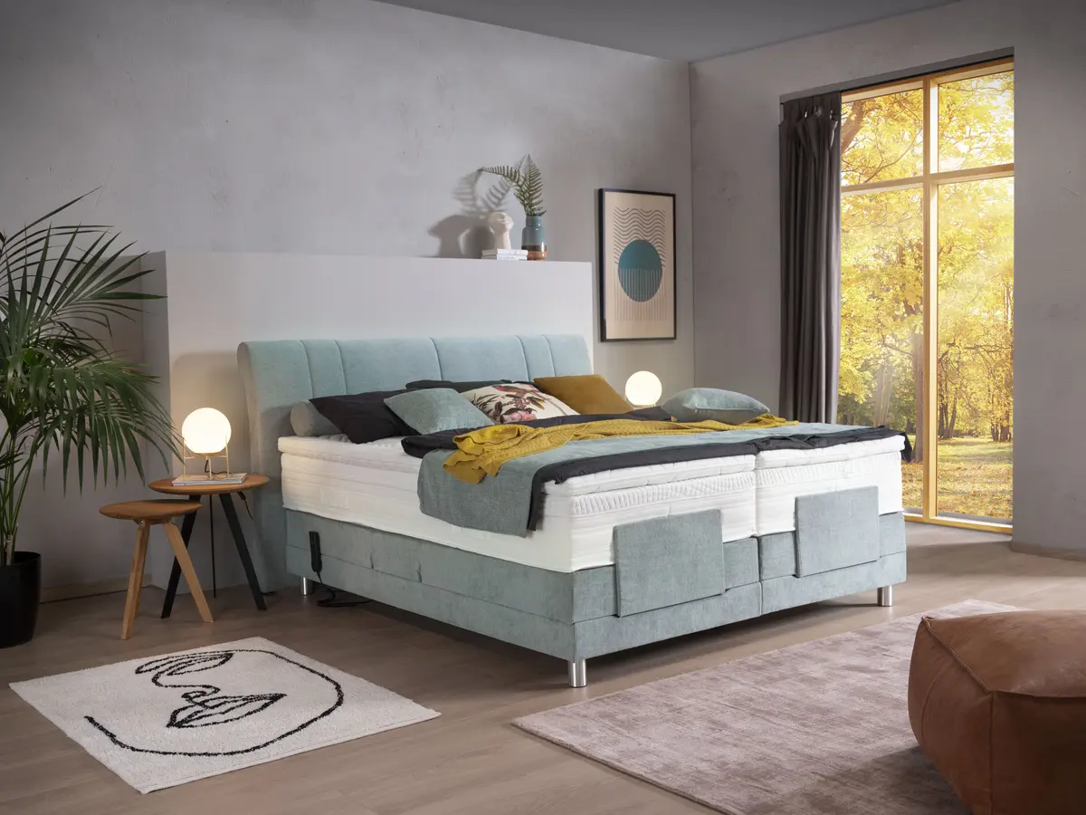 Boxspringbett EM Udine - mit motorischer Verstellung, Liegefläche ca. 180x200 cm, Stoff, graublau