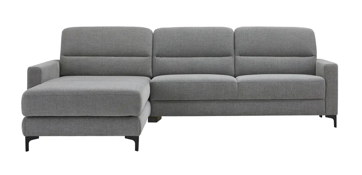 Ecksofa Merlos H - Longchair links und 2,5-Sitzer rechts inkl. Relaxfunktion (motorisch) und Stauraum, Stoff, Grau