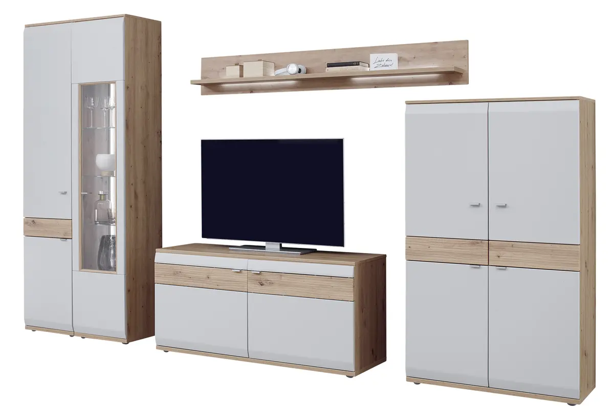 Wohnwand EM Teolo - mit Wandboard und Beleuchtung und geschroppter Rückwand, Alteiche, Lichtgrau