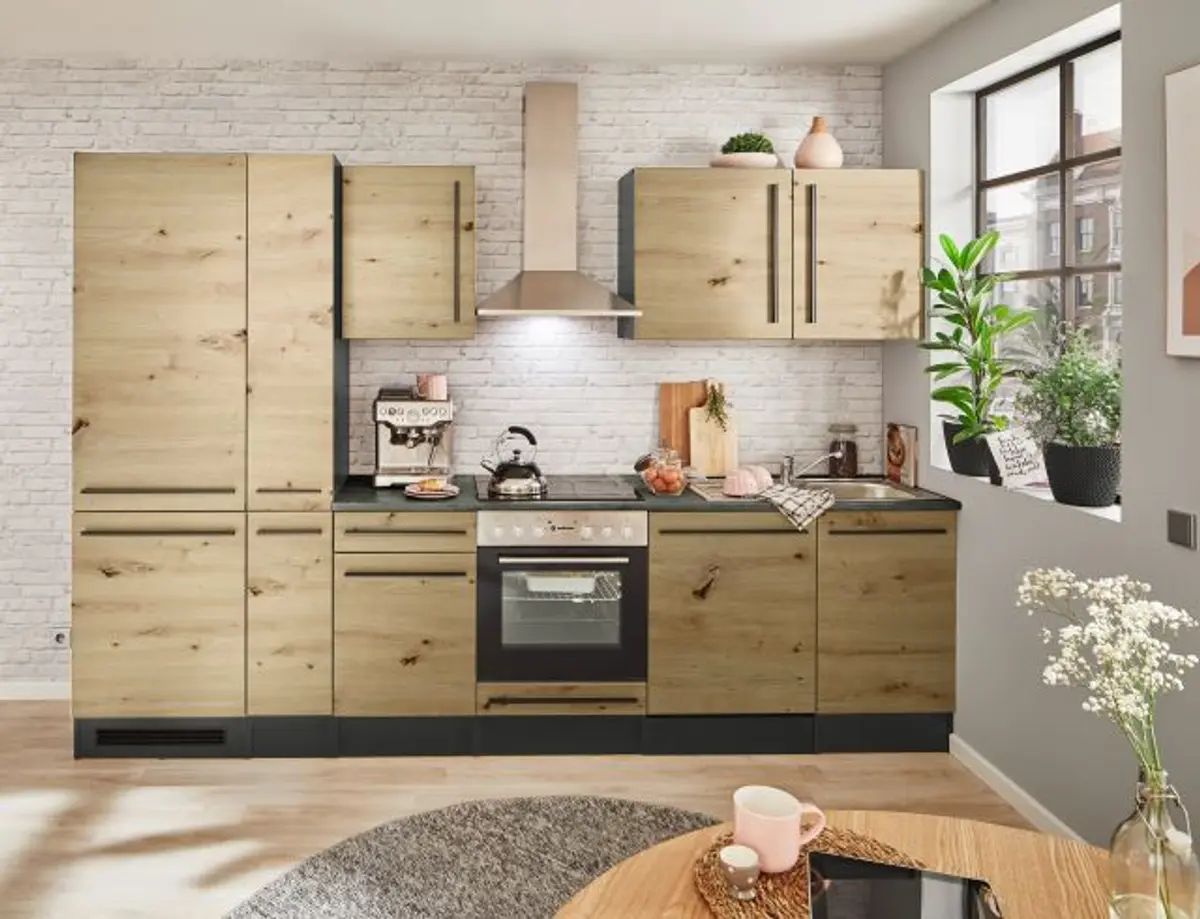 Küchenblock- Inkl. E-Geräte, B ca. 310 cm, Anthrazit, Eiche Dekor