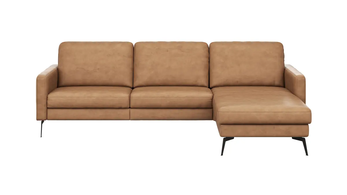 Ecksofa Enna - 3-Sitzer mit Longchair rechts, Armlehne A, Leder, Cognac