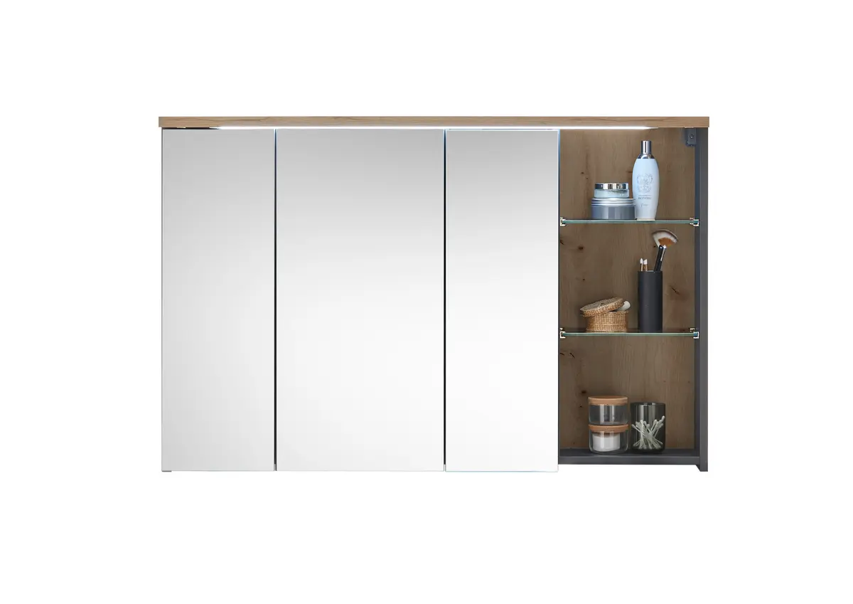Spiegelschrank- B ca. 110 cm, Dunkelgrau, Eiche Dekor, Spiegel