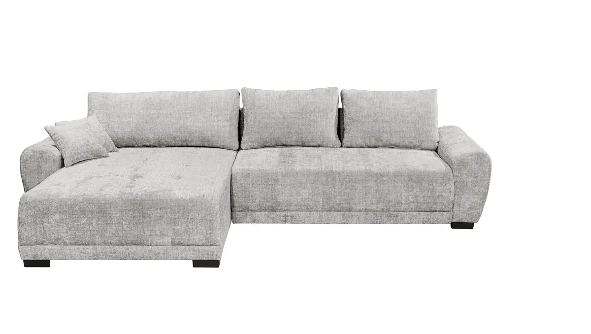 Ecksofa - Longchair links mit 2-Sitzer, Schlaffunktion mit Bettkasten, Stoff, Silbergrau