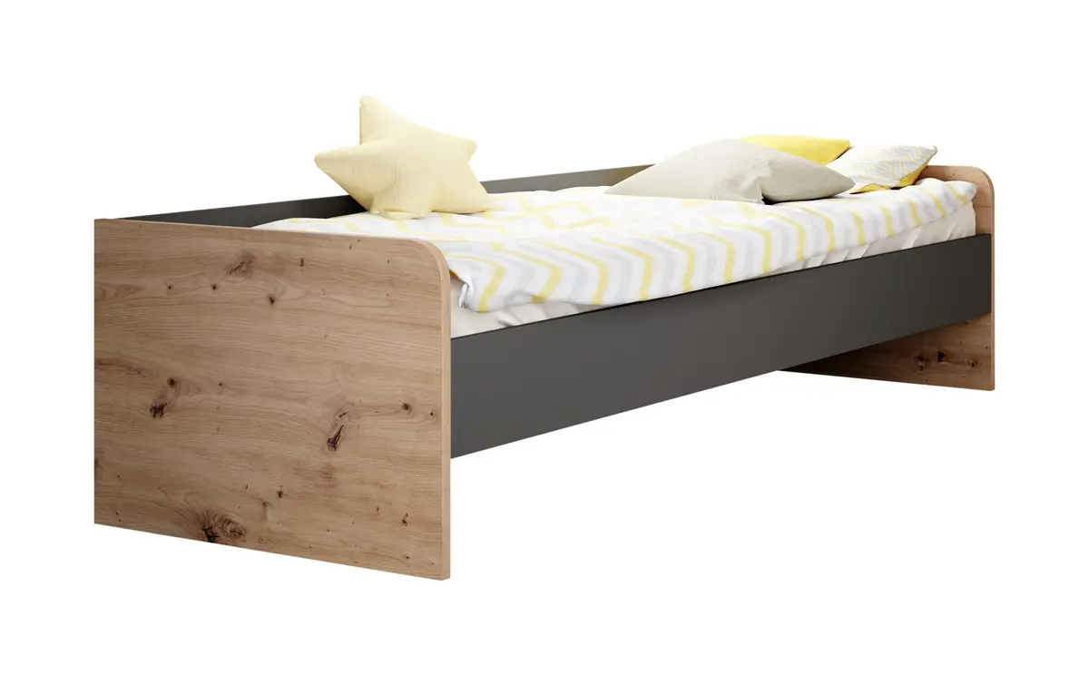 Bettgestell- Liegefläche ca. 90x200 cm, Eiche Dekor, Dunkelgrau