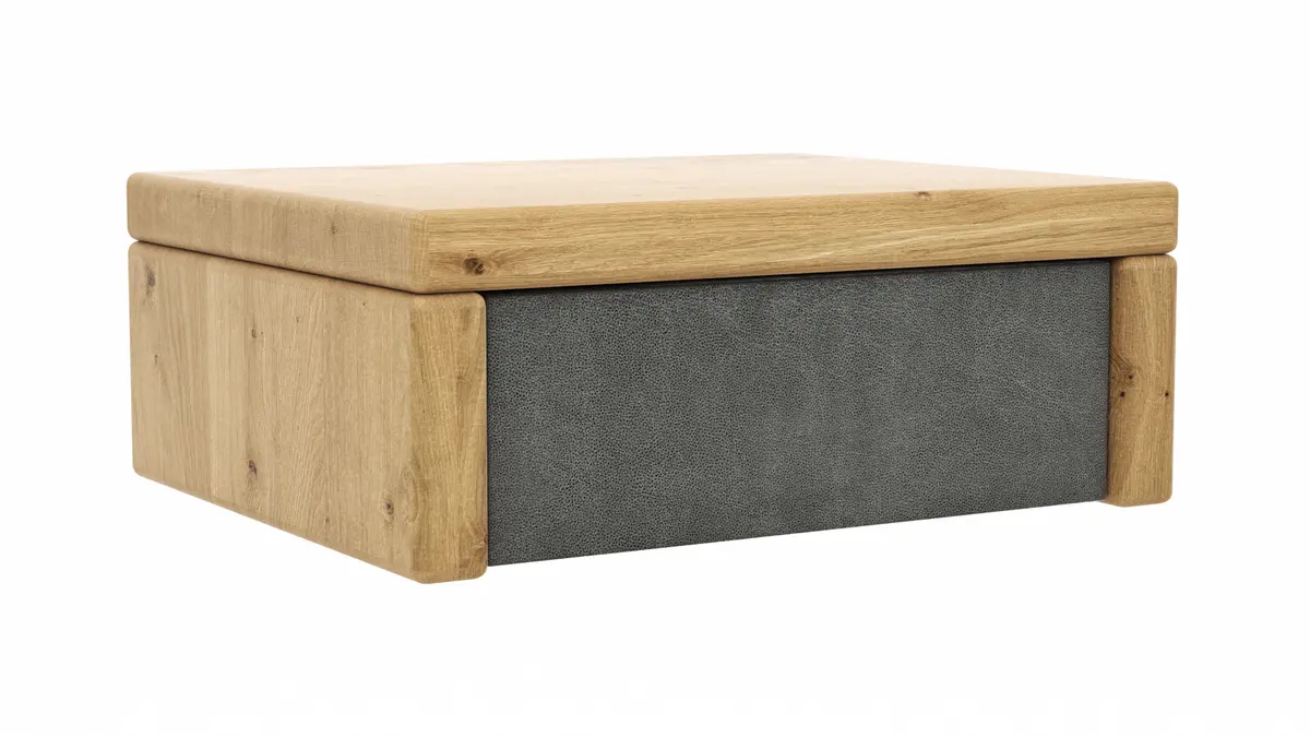 Nachttisch 1660 - Wildeiche massiv, geölt / Schubladenfront, Stoff, Graphit