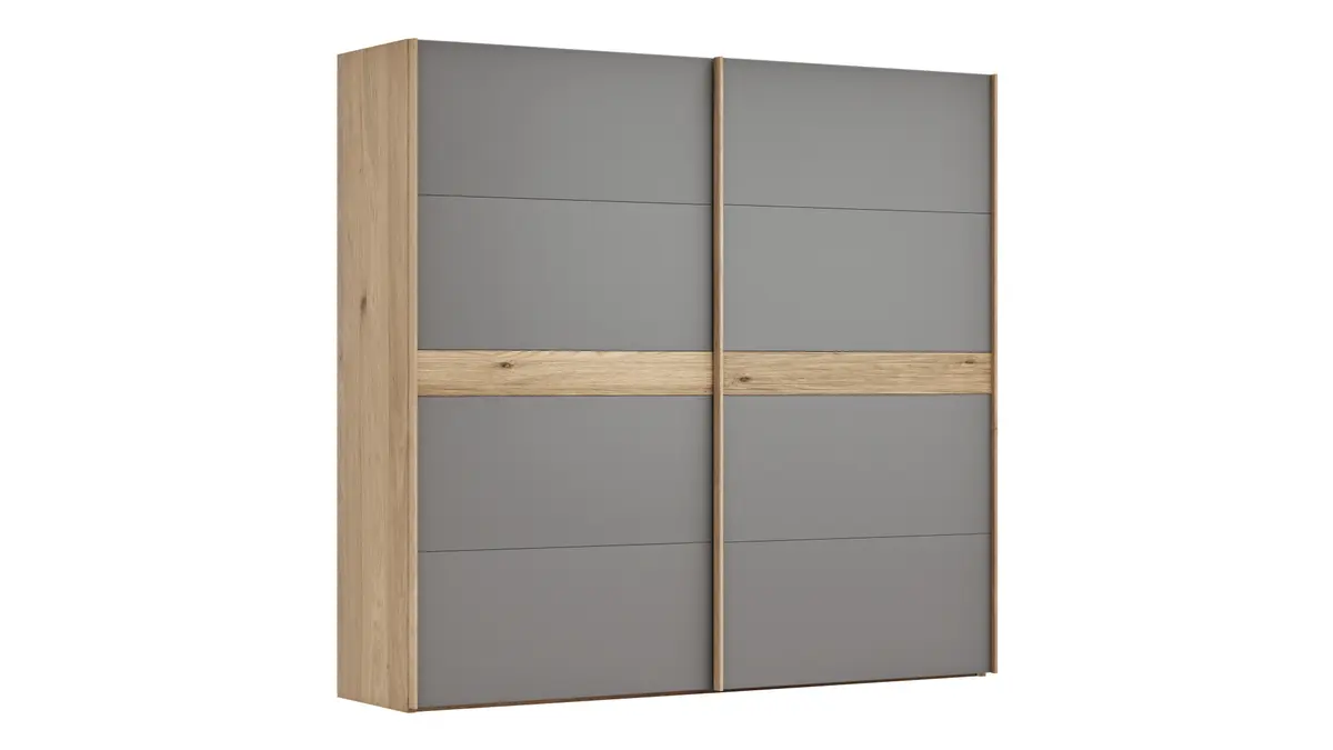 Schwebetürenschrank Viana - B ca. 241 cm, Lack, Steingrau, Riffholz, Balkeneiche