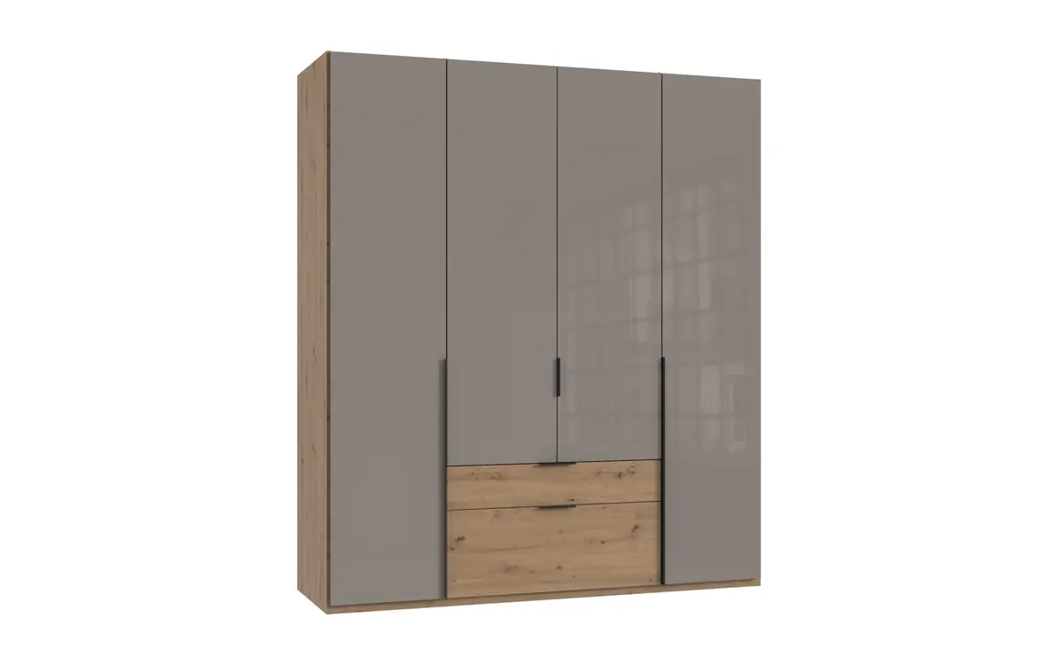 Drehtürenschrank WANJA- B ca. 180 cm, Eiche Dekor, Glas, Saharagrau