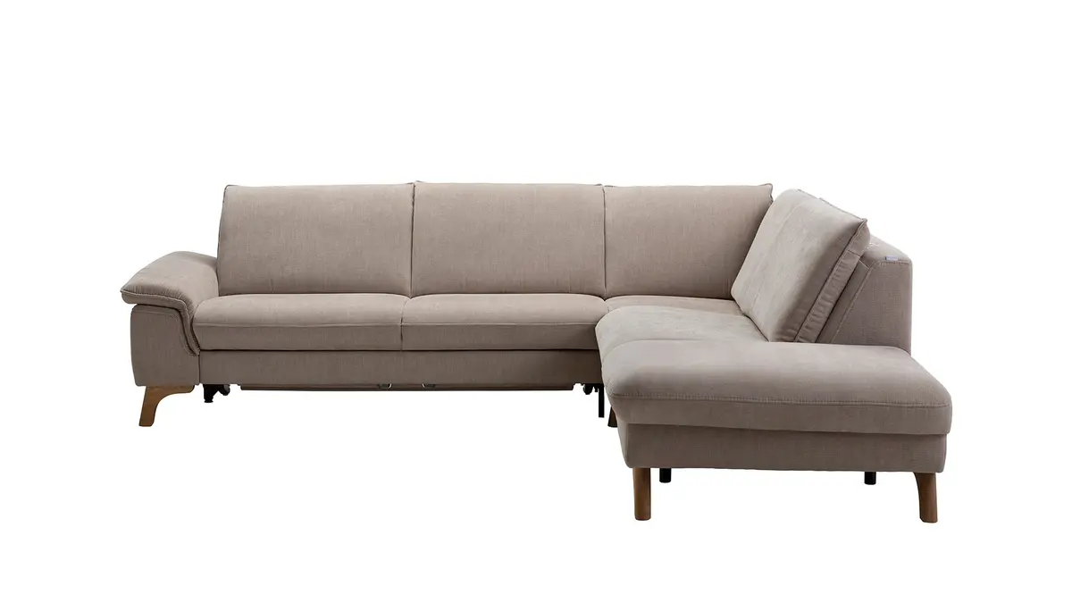 Ecksofa Tulsa KS - 2,5-Sitzer, Spitzecke und 1,5-Sitzer mit Anstellhocker aufklappbar rechts, inkl. Kopfstütze, AL verstellbar und Schlaffunktion, Stoff, Graubeige