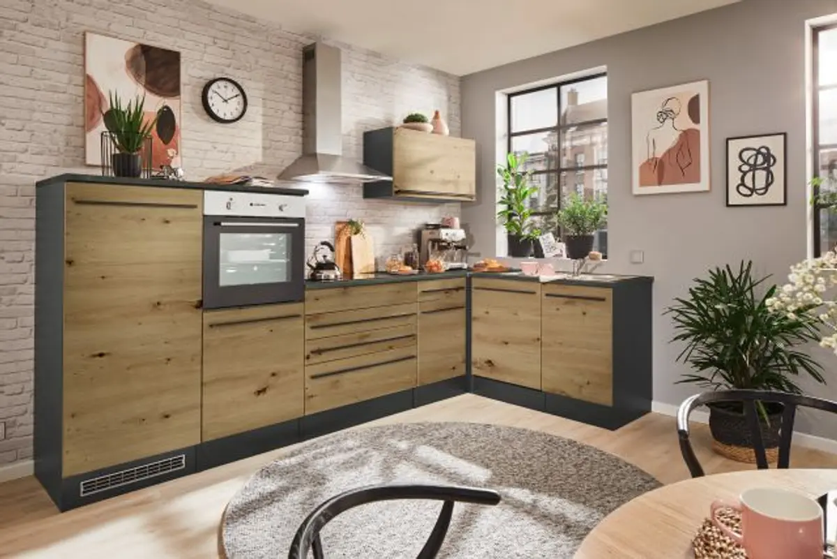 Küchenblock Eck- Inkl. E-Geräte, B ca. 320 cm, Anthrazit, Eiche Dekor