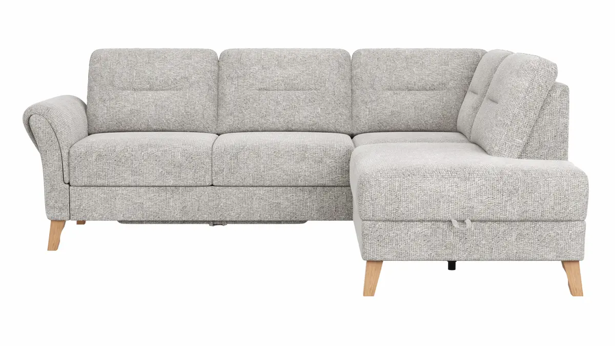 Ecksofa Almyra - 2,5-Sitzer mit Ottomane rechts, inkl. Schlaffunktion und Bettkasten, Stoff, Silbergrau