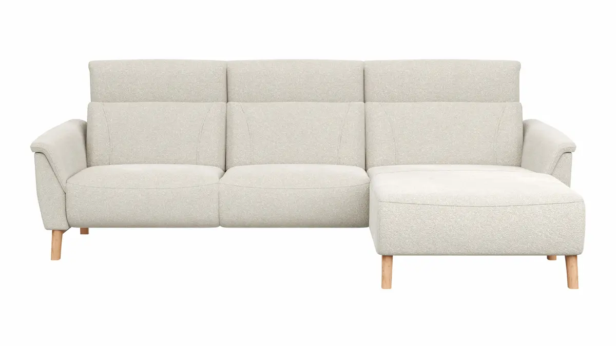 Ecksofa Nevin - 2-Sitzer mit Longchair rechts, inkl. Kopfpolsterverstellung, Stoff, Weiß