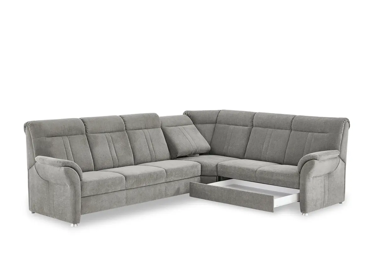 Ecksofa - 3-Sitzer mit Ecke rechts, Schlaffunktion mit Bettkasten, Stoff, Grau